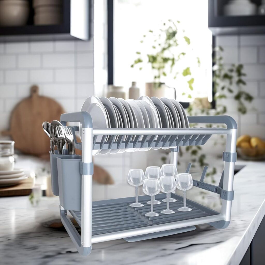 Aluminum 2-Tier Dish Drying Rack with Drainboard | Large Capacity Dish Organizer