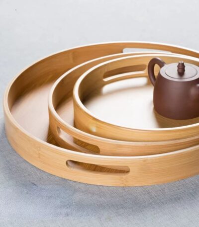 Bamboo Round Serving Tray Set with built-in handles in small, medium, and large sizes