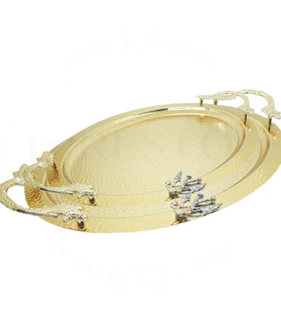 Flower Motif Tray Set with Hammered Texture in Golden Finish