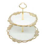 Golden 2-Tier Round Ceramic Cake Stand with Flower Border