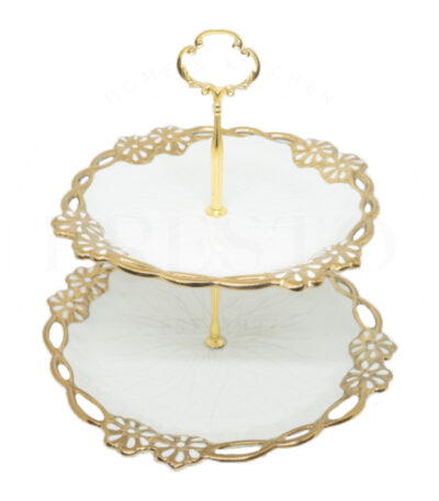 Golden 2-Tier Round Ceramic Cake Stand with Flower Border