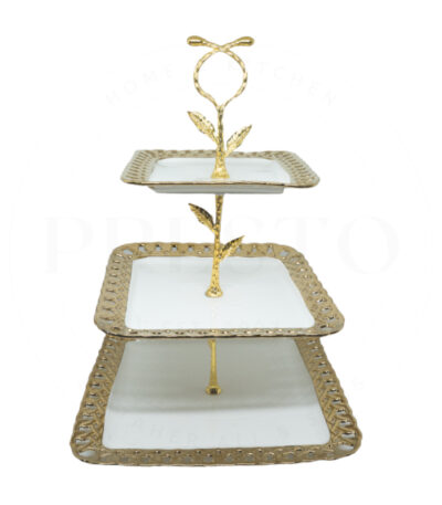 Elegant Square 3-Tier Golden Ceramic Cake Stand